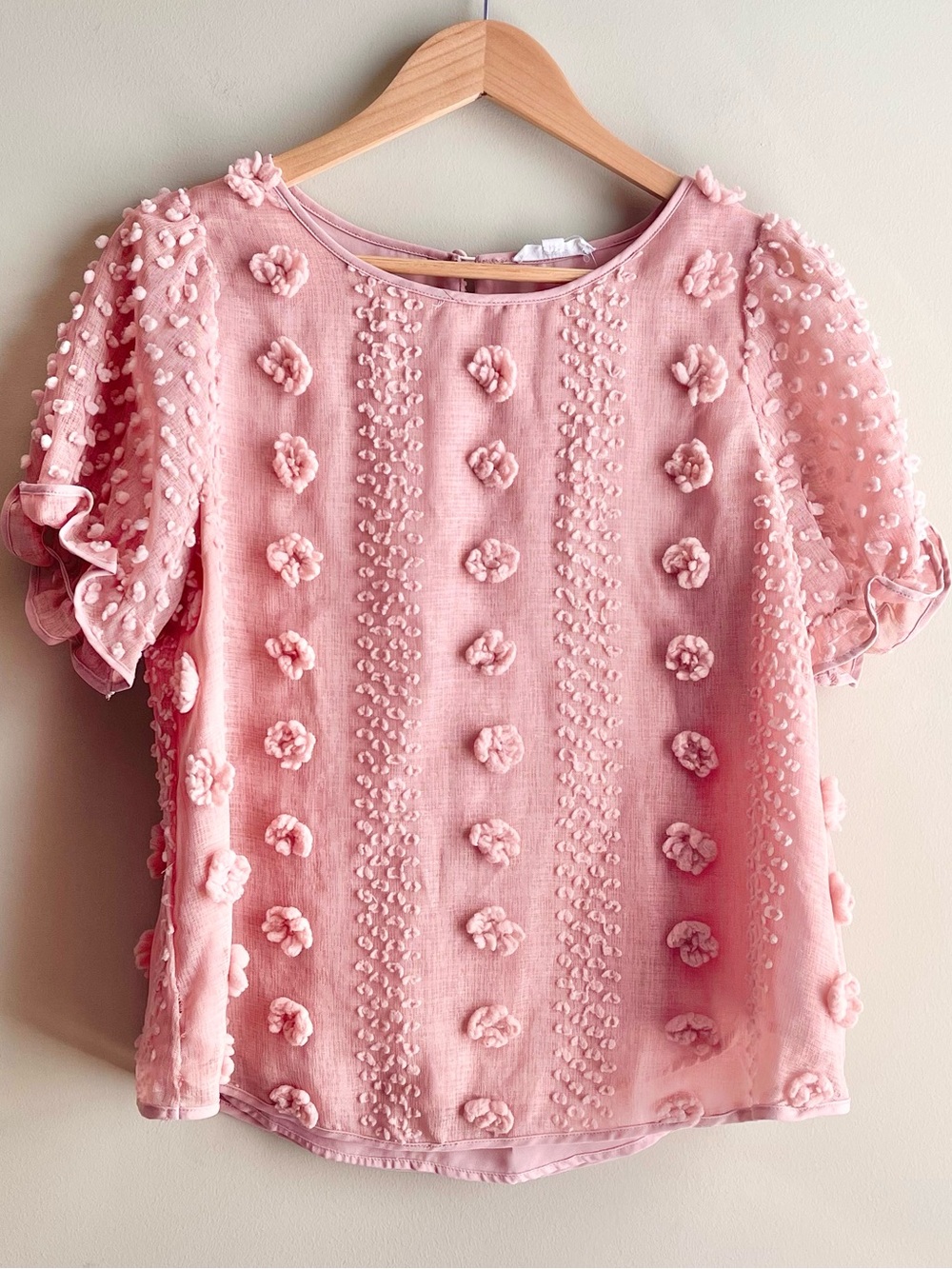 mine Pink Pom-Pom Textured Short Sleeve Blouse
